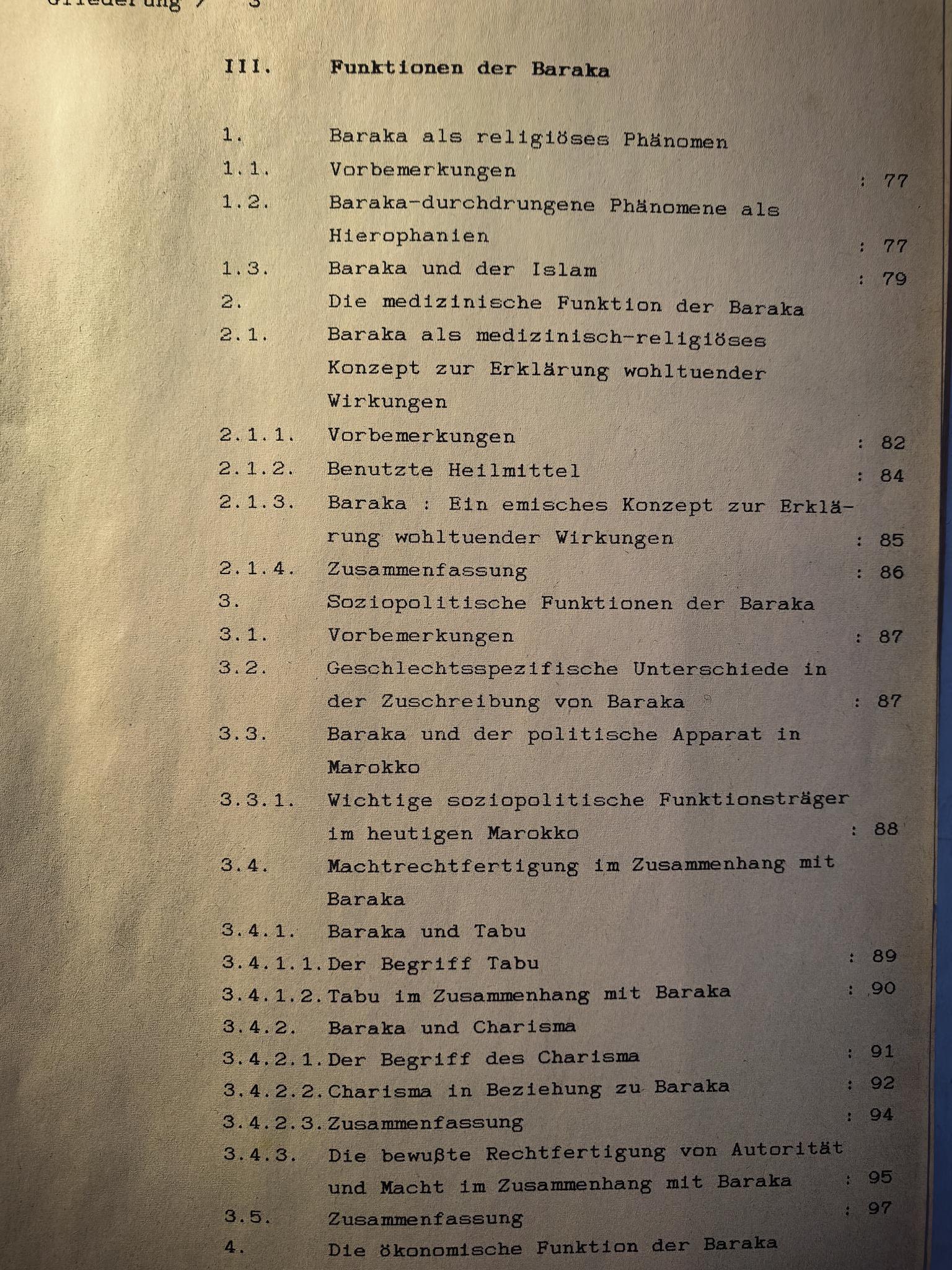 Inhaltsseite der Abschlussarbeit mit medizinischer Funktion der Baraka