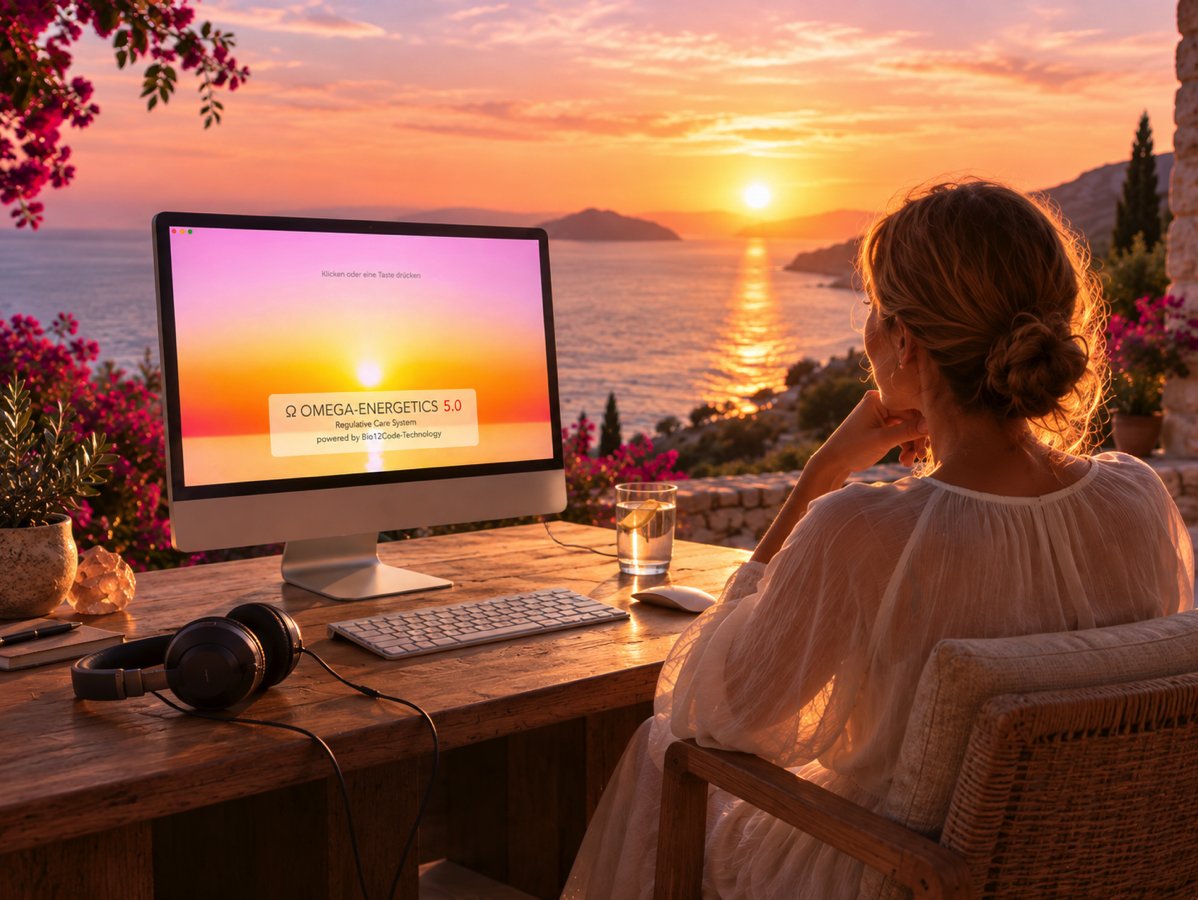 Arbeitsplatz mit Omega-Energetics 5.0 am Bildschirm, Blick auf das Meer im Abendlicht